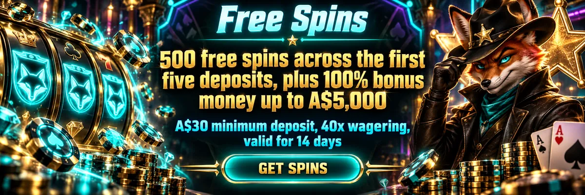 High-contrast casino banner with glowing teal reels, scattered starbursts and a neon wanted fox mascot promoting 500 free spins across the first five deposits