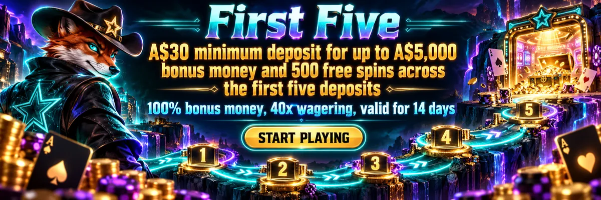 Wide dark casino banner showing five illuminated deposit markers, a mobile-friendly neon layout and a wanted fox mascot beside the A$30 minimum deposit offer