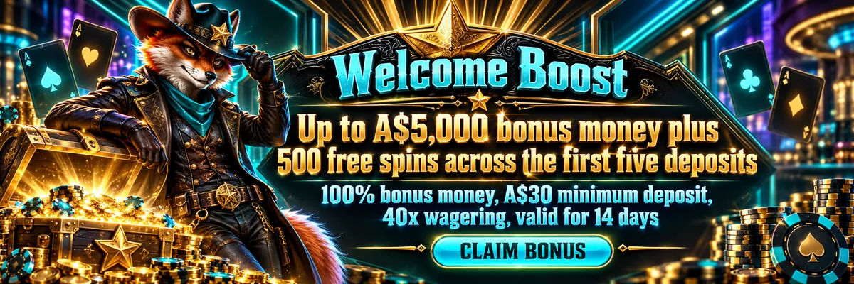 Dark neon casino banner featuring a wanted fox mascot, a glowing bonus chest and a welcome offer of up to A$5,000 bonus money plus 500 free spins across the first five deposits